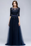 A-line Half Sleeves Floor Length Slit Appliqued Tulle Formal Dress with Sash