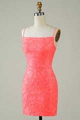 Spaghetti Straps Peach Glitter Tight Homecoming Dress