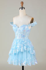 Glitter Blue Asymmetrical A-Line Short Lace Homecoming Dress