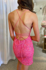 Glitter Pink Beaded Tight Sequins Short Homecoming Dress