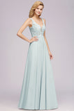 Beautiful V-Neck Sleeveless Floor-Length Chiffon A-Line Prom Dresses with Open Back