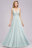 Beautiful V-Neck Sleeveless Floor-Length Chiffon A-Line Prom Dresses with Open Back