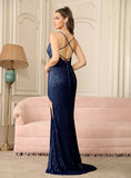 Sexy V-Neck Glitter Sequin Floor Length Dress with Slit-koscy