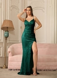 Sexy V-Neck Glitter Sequin Floor Length Dress with Slit-koscy