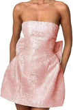 Strapless Ruched Satin SHort Party Dress Backless Jacquard Homecoming Dress with Bow - Prom Dresses