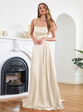 Stunning Spaghetti Straps Satin Floor Length Dress with Side Slit-koscy