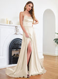 Stunning Spaghetti Straps Satin Floor Length Dress with Side Slit-koscy