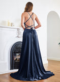 Stunning Spaghetti Straps Satin Floor Length Dress with Side Slit-koscy