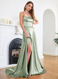 Gorgeous Split Front A-Line Square Neck Spaghetti Straps Satin Prom Dresses with Open Back