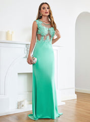 Turquoise Crew neck Cap sleeve Lace appliques Curves/Mermaid Floor Length Dress-suzhoufashion