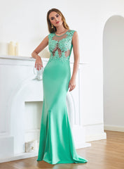 Turquoise Crew neck Cap sleeve Lace appliques Curves/Mermaid Floor Length Dress-suzhoufashion