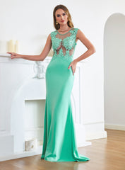 Turquoise Crew neck Cap sleeve Lace appliques Curves/Mermaid Floor Length Dress-suzhoufashion